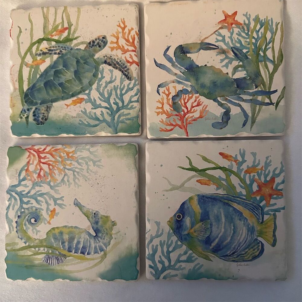 Laural Home Sea Life Serenade 4-Pack Coastal Tile Coasters Multicolor